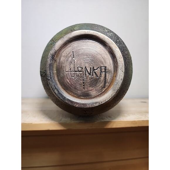 Janka Raku Pottery Vase Vessel Green Rust Orange 7" Handmade Wheel Thrown - Picture 7 of 9